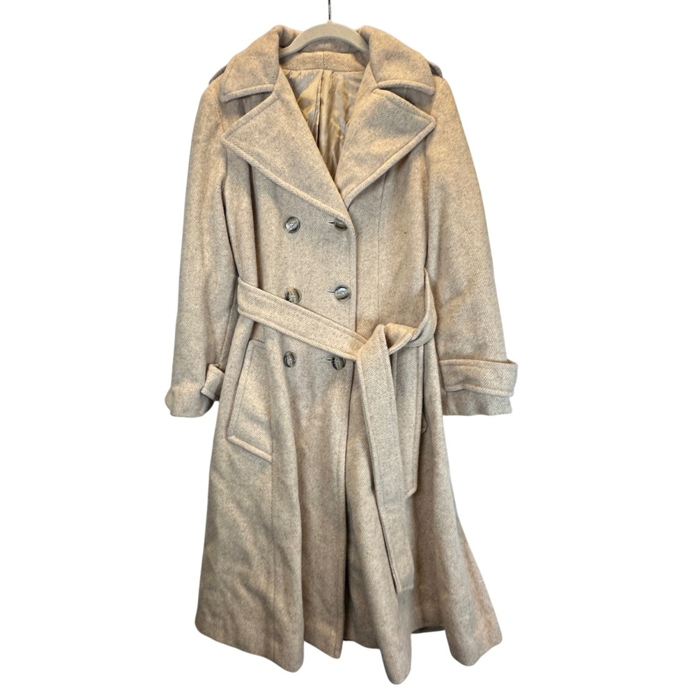 Vintage Wool Blend Herringbone Long Trench Coat Beige Double Breasted